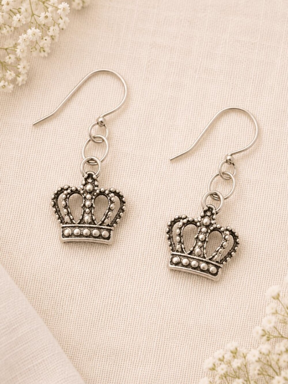 Antiqued Silver Crown Dangle Earrings Dainty Minimal Jewelry